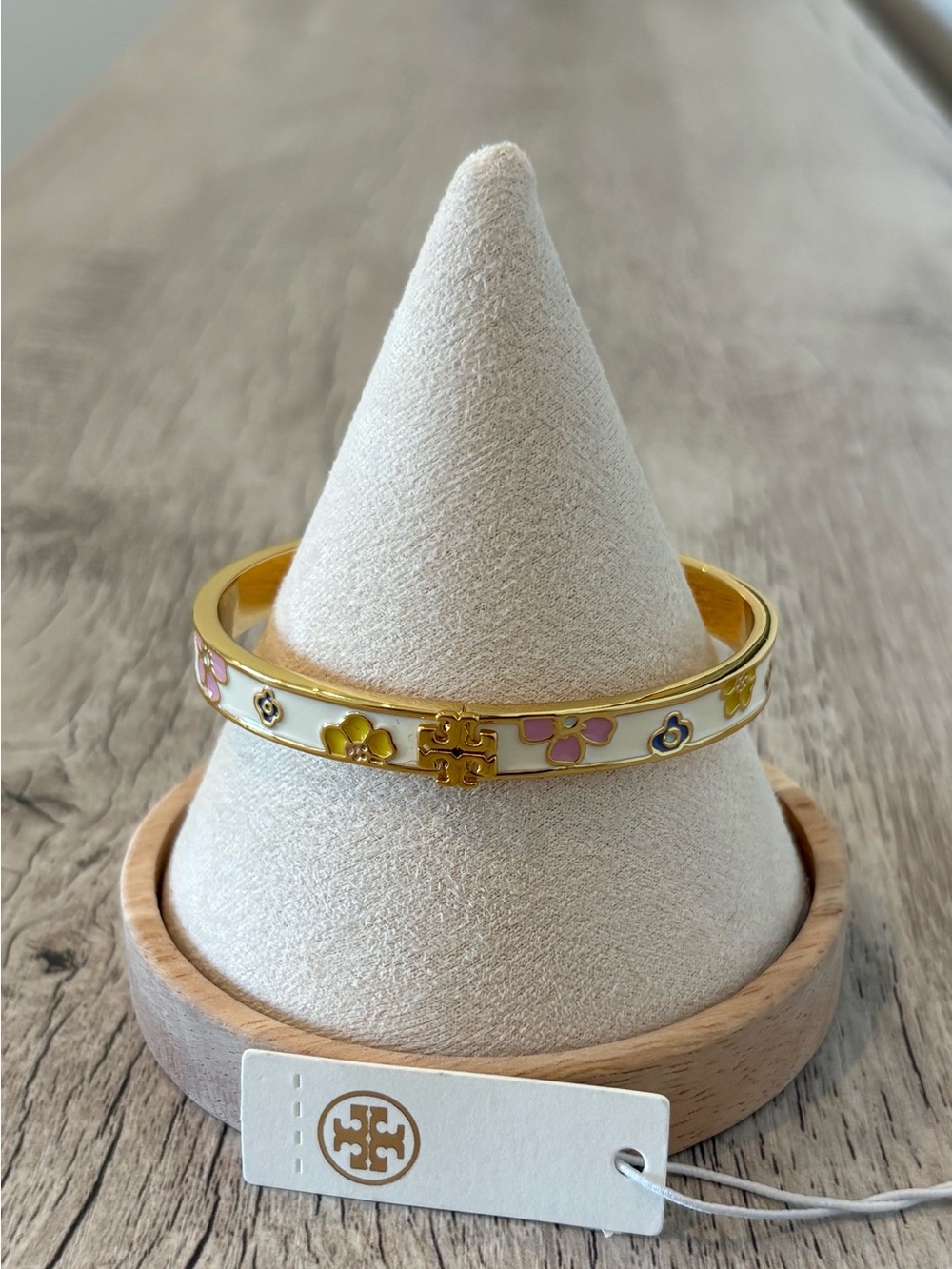 Tory Burch White Enamel Gold Floral Hinged Bangle with Pink & Yellow Accents